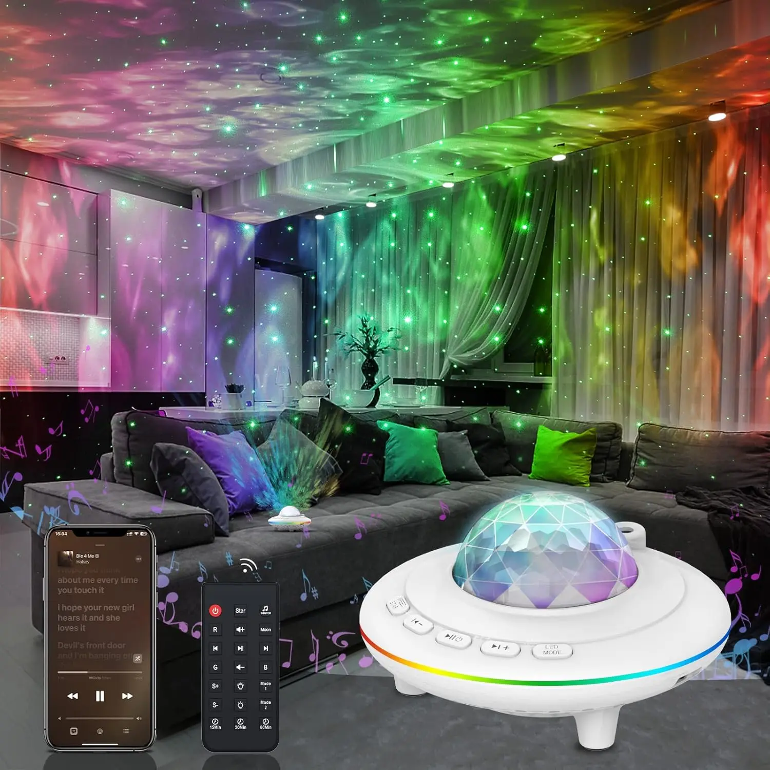 Star Projector, Galaxy Projector Light, LED Night Light Lamp, Night Light Projector with Remote 360°Rotating Sleep Soothing Colors Changing Music Bluetooth Speaker Timer for Bedroom(White)
