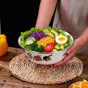 3-Piece Enamel Salad Bowl Set, Stackable Reusable Bowls for School Lunch Camping Picnic, Durable Round Food Storage, Floral Pattern