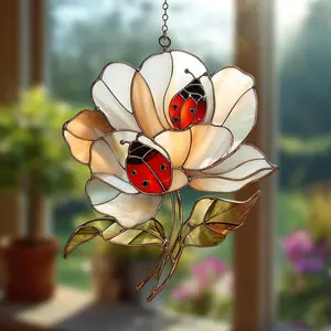 Stunning Ladybug on White Flower Faux Acrylic Suncatcher Ornament, Ladybug Glass Art Decor, Perfect Gift for Ladybug Lovers