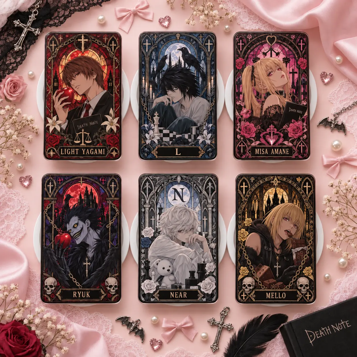 Death Note Gothic Stained Glass Phone Grip Collection, Light Yagami L Misa Ryuk Near Mello Acrylic Phone Holder, Dark Anime Inspired Grip Stand
