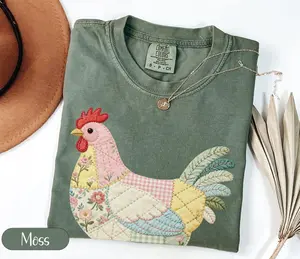 Comfort Colors "Faux Patchwork" Chicken T-Shirt, Quilted Farmhouse Hen Shirt, Rustic Floral Gingham Tee, Country Cottagecore Spring Easter Gift