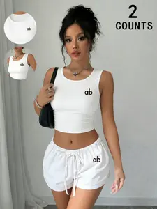 Women's Sporty Two-Piece Set, Summer Activewear, Sportswear Clothing, Ribbed Tank Top & Drawstring Shorts, Breathable Polyester Blend, Ideal for Gym, Home, Streetwear