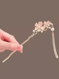 New Oriental Flower Enamel Pearl Tassel Hairpin, Traditional Hanfu Headpiece, Wedding Daily High-End Hair Accessory
