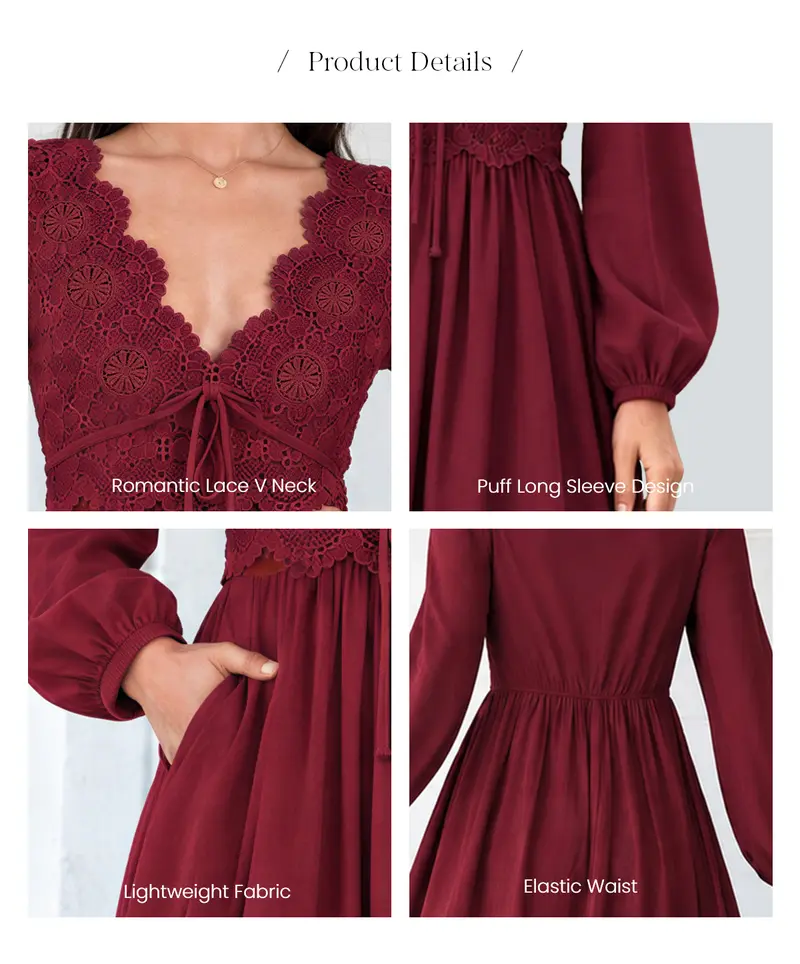 Chicovar Women's Boho Lace V-Neck Drawstring Waist Puff Long Sleeve Flowy A-Line Dress with Pockets - Tummy Friendly, Non-Scratchy Lace, Elegant Womens Dresses for Fall Wedding Guest, Vacation, Elegant Dresses For Women