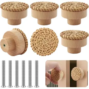 6 Pack Boho Handmade Wooden Dresser Knobs Rattan Woven Drawer Knobs, Durable Beech Wood Drawer Pulls Cabinet Decorative, Nursery Dresser with 12 Screws Home Furniture (Burlywood)