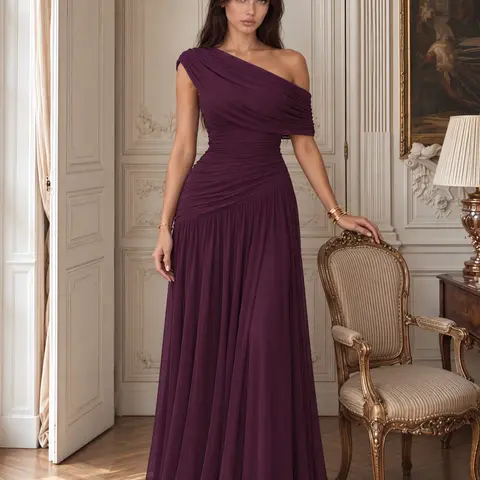 AISIZE A5604 Women's One Shoulder Ruched Stretch Mesh Maxi Evening Formal Dress Soft lining, graceful floor-length silhouette, comfort for weddings, formal dinners, bridesmaid，galas,special occasions.