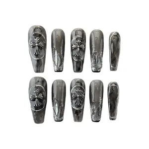Gothic Dark Grey Long Coffin Press On Nails With Cross And Glitter Accents, 10PCS Handmade Reusable Acrylic Fake Nails For Edgy Style