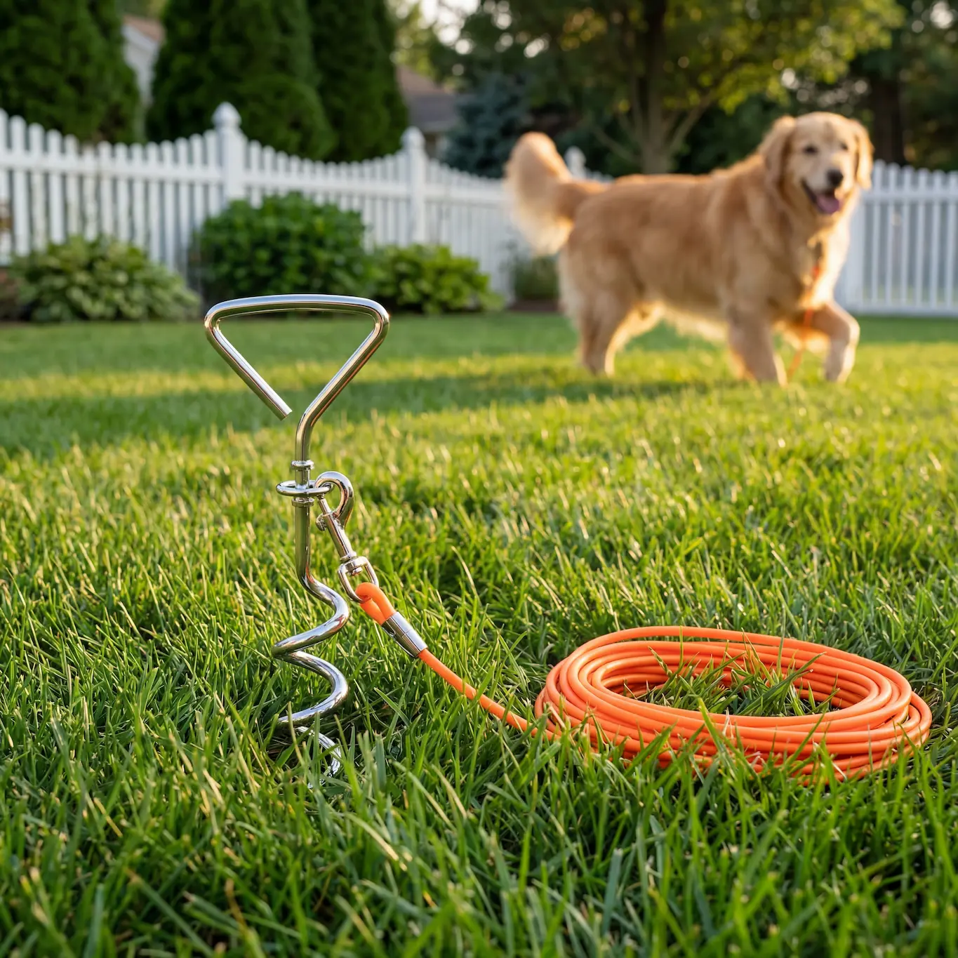 Heavy Duty Dog Tie-Out Stake and Cable Leash Set - Waterproof Spiral Ground Anchor & Steel Runner Cable for Yard, Camping & Outdoors (For Small, Medium & Large Dogs)