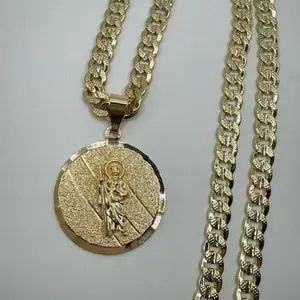 Gold Plated San Judas Tadeo Necklace 24" Diamantada Cuban Chain Eye-Catching Design Costume Jewelry Durable Long-Lasting