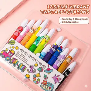 Cute Jumbo Crayons, 12pcs 12 Colors Non Toxic Twistable Crayons with Clear Bag, Washable Silky Crayons for Coloring Painting School Home Office