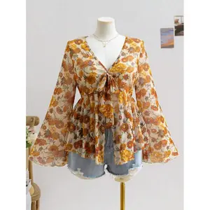 Women Vintage Floral Pattern V-Neck Long Sleeve Tie-Front Flared Top, Lightweight Knitted Mesh Fabric, Suitable For Autumn/Winter Outwear,Fall&Winter Women Clothes,Thanksgiving Women Clothes,Long Sleeve Shirt,Thanksgiving Women Shirt,New Year Eve Clothes