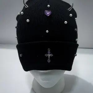 Purple Cross and Gems with Pearls Beanie - Black Knit Hat with Decorative Elements