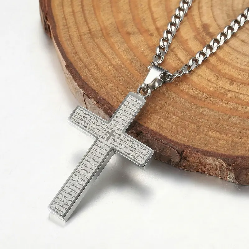 3D Sculpting Bible Verse Cross Necklace for Men, Mens Cross Necklace with Stainless Steel Unisex Cuban Chian Neckalce 18-26 Inch