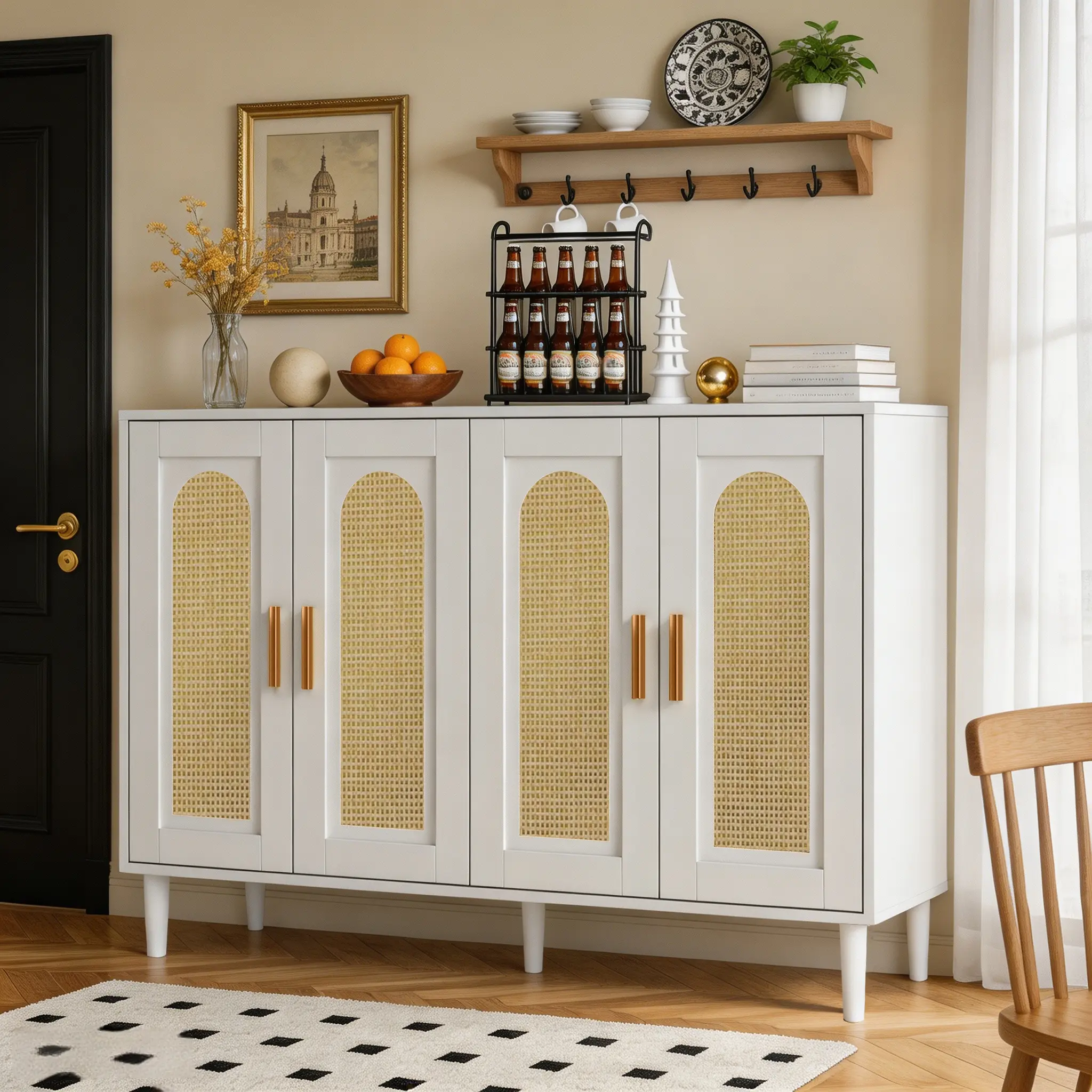 48.3in Durable Rattan Weave Sideboard Buffet Cabinet - Modern Rattan Dresser, Boho Farmhouse Decor, 4 Sliding Doors, Adjustable Shelf, High-Quality Materials, Assembly Required for Kitchen, Living Room