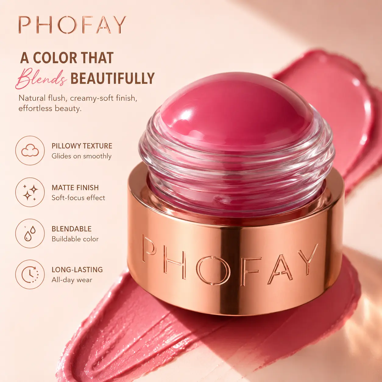 PHOFAY Jelly Blush Balm, Natural Flush Cheek Makeup with a Smooth Blendable Finish, Lightweight Creamy Texture, Easy Finger Application, Buildable Color, Everyday Makeup, Date Night, Party & On-the-Go Touch-Ups