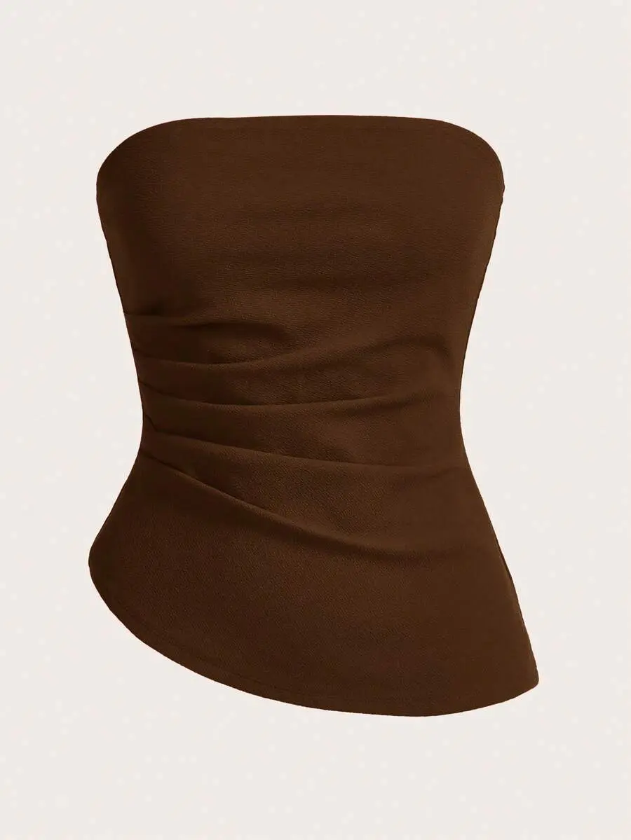 BASICS Women's Y2K Solid Color Pleated Fashionable Bandeau Top Strapless Top Coffee Brown Top Tube Top Brown Brown Tube Top