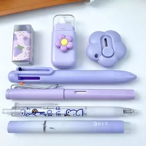 2/3 Pack 7-Piece Writing Stationery Set, Includes Pen, Eraser, Multicolor Pen, Scraper, Correction Tape, Pastel Pink Purple Blue for Home & Office