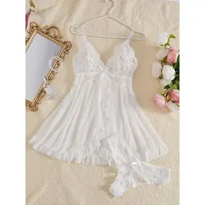 Contrast Lace Ruffle Trim Mesh Babydoll Sexy Lingerie Dress With Thong Bridallingerie