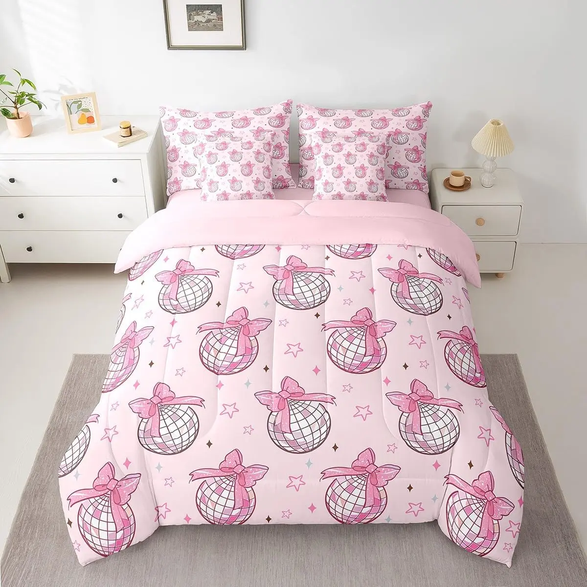 Feelyou 7-Piece Disco Mirror Ball Bedding Set for Girls - King Bed-in-a-Bag Microfiber Bedding, Durable Soft Breathable Fabric with Pink Bow Pattern, Includes Comforter, Sheets, Pillowcases, Cushion Covers, Machine Washable, Bedding Sets For Girls