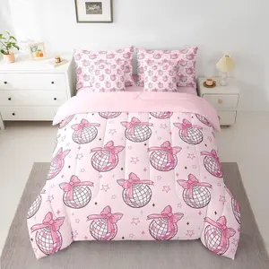 Disco Mirror Ball Comforter Set,7 Pieces Pink Bow Bedding Set,Funky Cute Bed Set,Bed in a Bag with Comforter,Sheets,Pillowcases & Cushion Covers