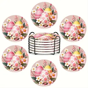 6PC round ceramic coasters with spring celebration theme: decorated with Easter eggs and flowers, high temperature resistant and non-slip, exquisite home and restaurant decorations, suitable for sideboards, home decor and parties, perfect restaurant gift