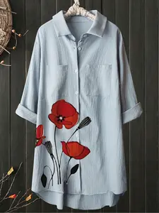 Plus Size Women's Floral Casual Shirt, Elegant Long Sleeve Button Front Woven Blouse, Comfortable Fit for Spring & Fall Seasons