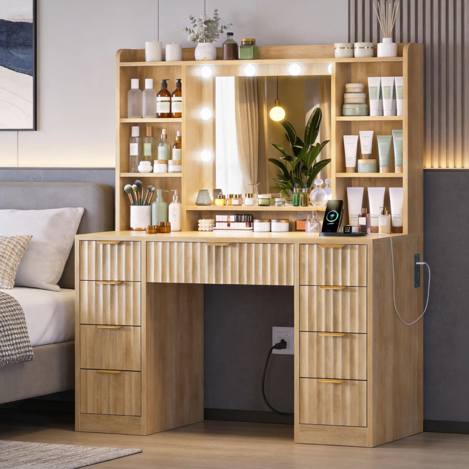 Vanity Table with 10 LED Lights, Power Oulet and Mirror,Fluted Makeup Vanity with 9 Drawers, 6 Shelves and 3 Lighting Modes Brightness Adjustable, Fluted Dressing Table for Women, Bedroom Natural