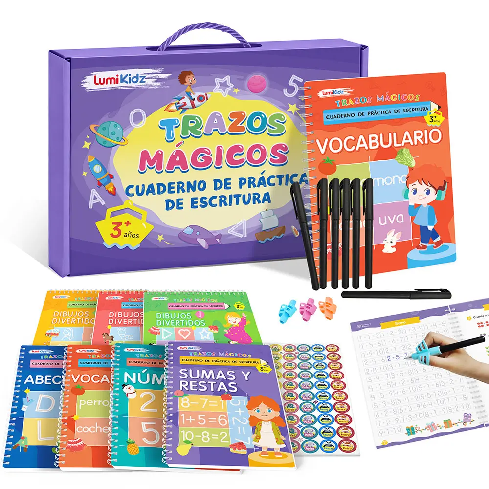 [# vocabulary learning aid ]2026 Spanish Magic Groove Calligraphy Practice Book, Reusable Large Writing Book, Kindergarten Homework Book, 3-8-year-old Children's Writing Practice Book, 10.24 * 7.29 inches (7 books+pen) Learning Materials School Supplies