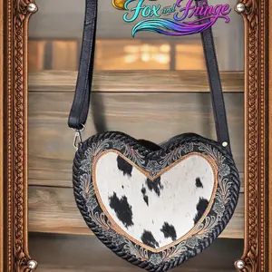 Genuine Tooled Leather and Cowhide Heart-shaped Canteen Western Purse with Intricate Embroidery