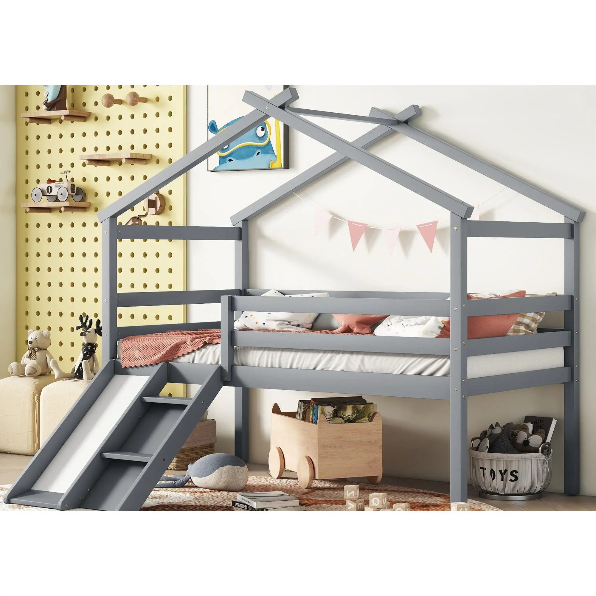 Low Loft House Bed With Slide, Ladder, Safety Guardrails, House Roof Frame