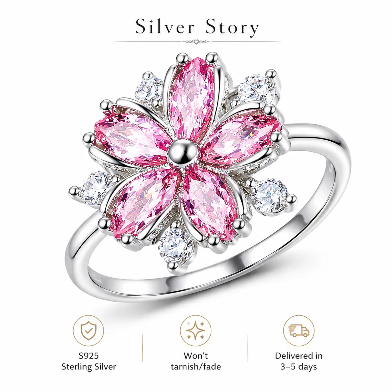 925 Luxurious And Enchanting Pink Cherry Blossom Cubic Zirconia Ring For Women, Women's Pink Floral Cubic Zirconia Ring, Birthday Gift, Women's Jewelry Gift, Unique And Stylish Single-Stone Ring For Everyday Wear