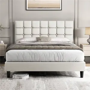 Linen Fabric Upholstered Platform Bed Frame with Modern Adjustable-Height Tufted Headboard, 12 Wooden Slats, 750/800 lbs Capacity, 6" Under-Bed Space - Queen/Full Sizes in Navy Blue, Dark Gray, Beige, Bed Frames