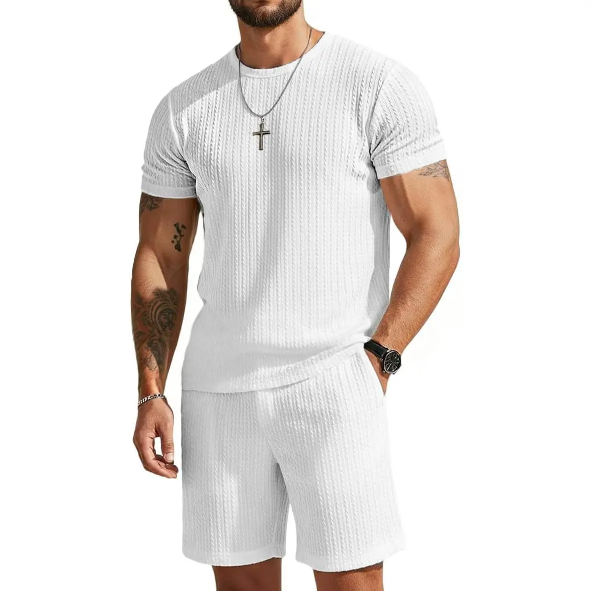 Men's 2-Piece Casual Matching Set, Crewneck Short-Sleeve T-Shirt & Twisted Texture Shorts for Summer, Men's Clothing Round Neck Clothes Shortsleeve Outfit, Mens Clothing