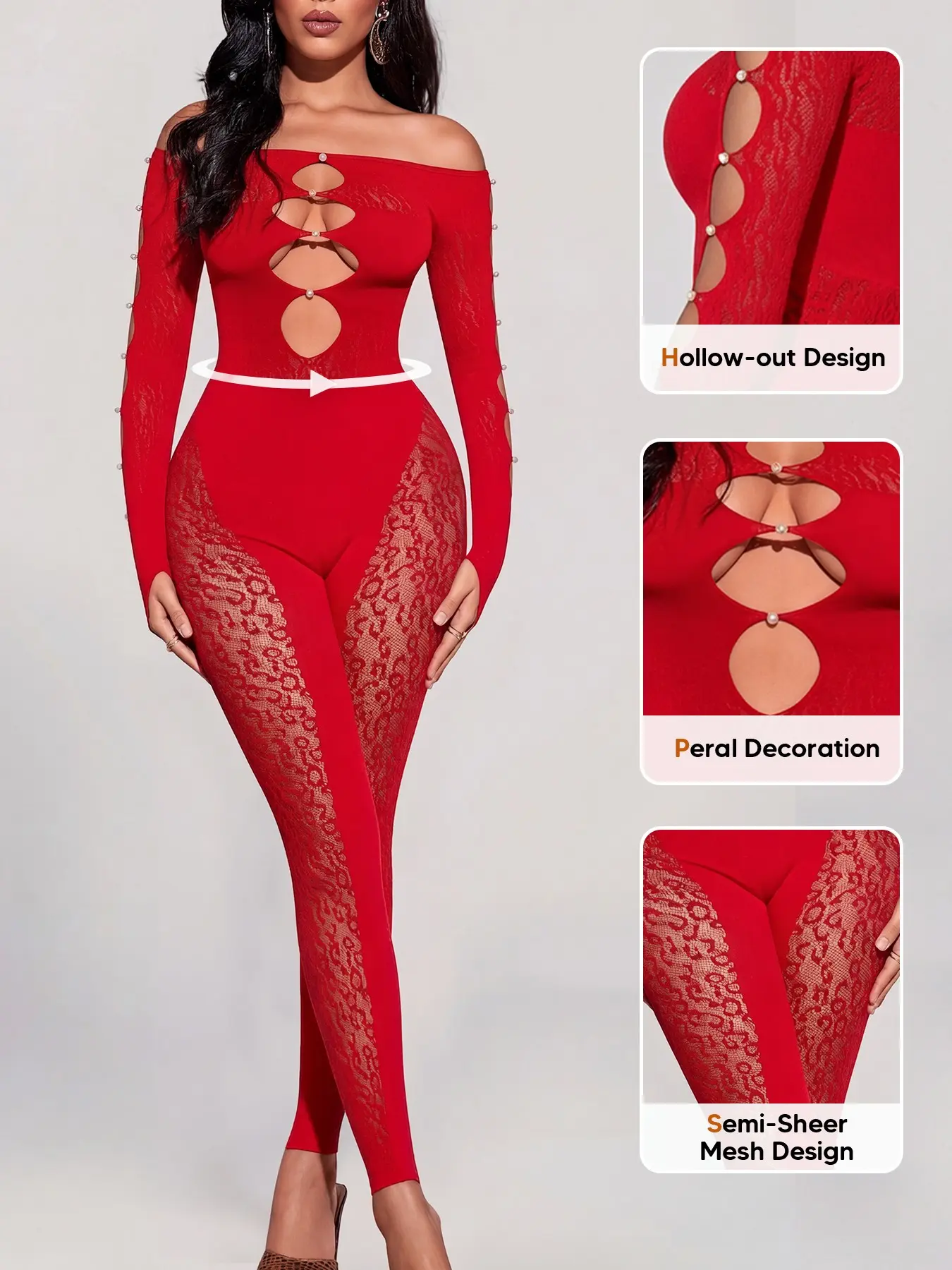 Women's Feminine Leopard Print Jumpsuit Cutout Bodysuit, Pearl Decoration on Sleeves, Semi-Sheer Lace Mesh, Hollow-Out Design, Breathable & Sexy Romper