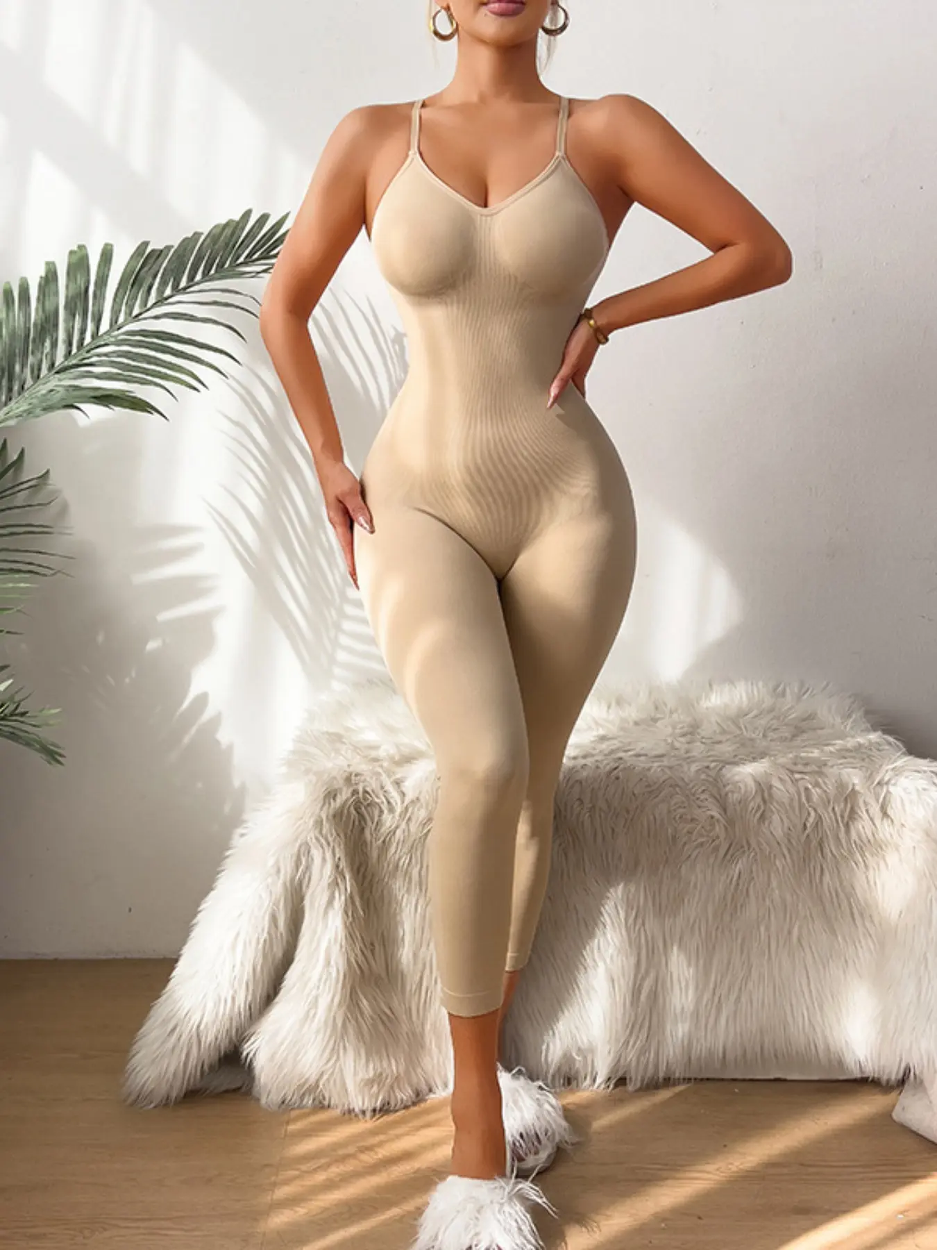 New Seamless Waist Cinching Plus Size Tank Top Seven-Eighth Pants One-Piece Set for Women, Tight-Fitting Bodycon Design, Tummy Control Jumpsuit
