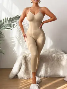 New Seamless Waist Cinching Plus Size Tank Top Seven-Eighth Pants One-Piece Set for Women, Tight-Fitting Bodycon Design, Tummy Control Jumpsuit