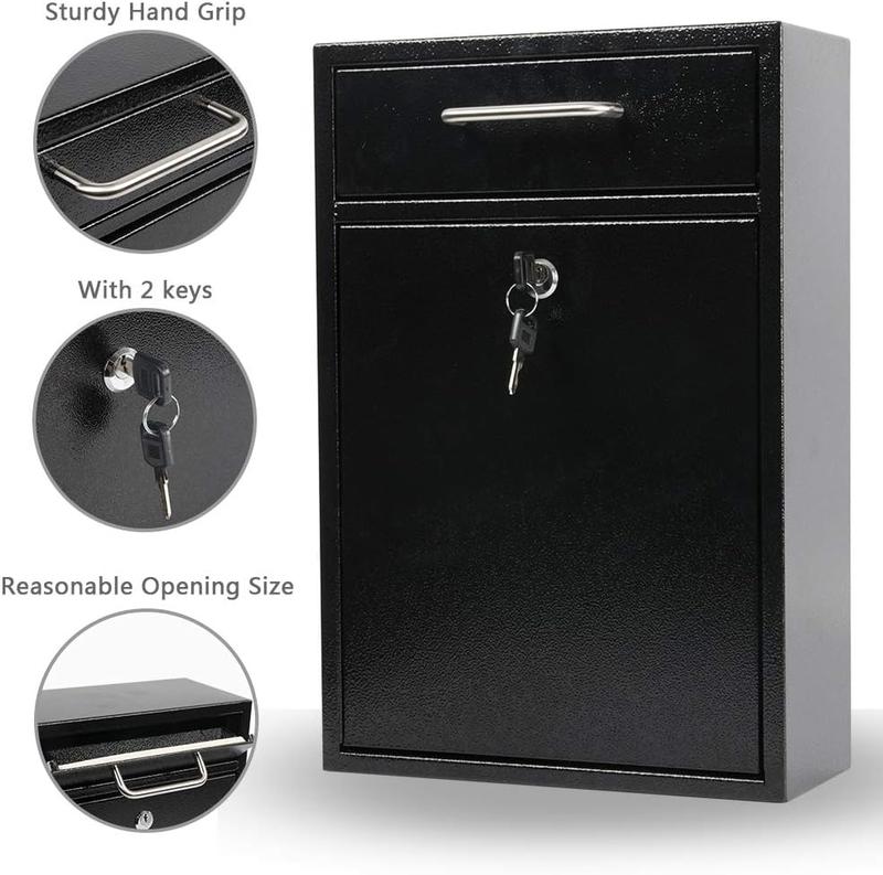 Steel Key Lock Mail Boxes Outdoor, Locking Wall Mount Mailbox, Lock Drop Box, Collection Boxes,16.2H x 11.22L x 4.72W Inches, Black X Large Steel Key Lock Mail Boxes Outdoor, Locking Wall Mount Mailbox, Lock Drop Box, Collection Boxes,16.2H x 11.22L x 4.72W Inches, Black X Large