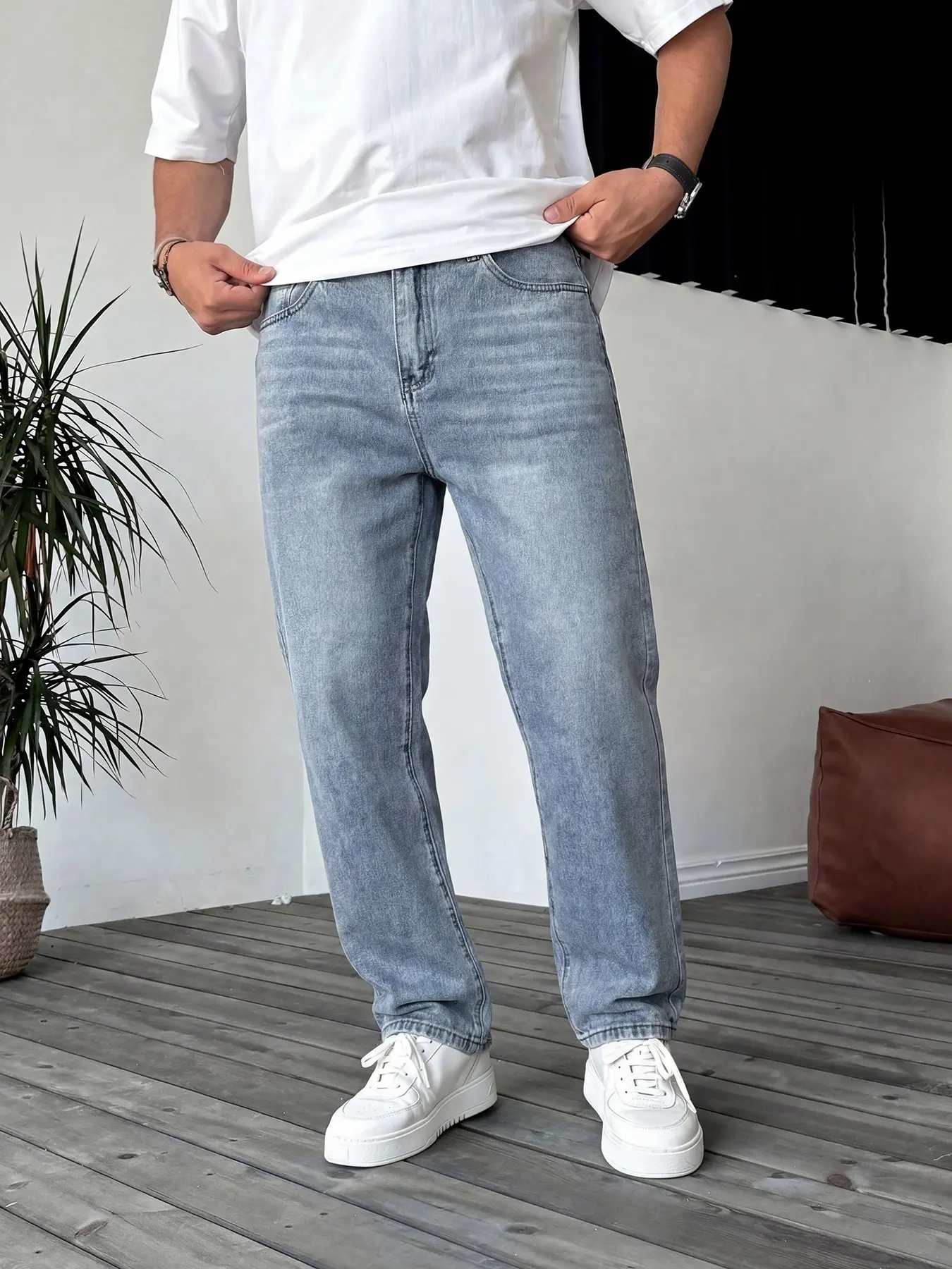 Men's Street Style Casual Classic Denim Jeans, Loose Fit Straight Leg Jeans, Vintage Champagne Blue, Fashionable Daily Wear