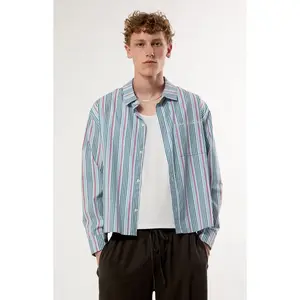 Pacsun Men's Blue Striped Noto Long Sleeve Cropped Shirt