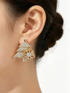 Christmas Limited Edition Rotating Christmas Tree Earrings, Copper Material, Full Diamond Design, Snowflake Shape, Festive Gift for Girlfriend