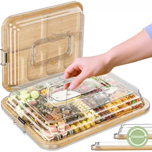 Portable Bamboo Charcuterie Cheese Board with Foldable Clear Locking Lid & Handle 6 Compartments Easy to Store for Picnics Camping Parties Housewarming Gifts
