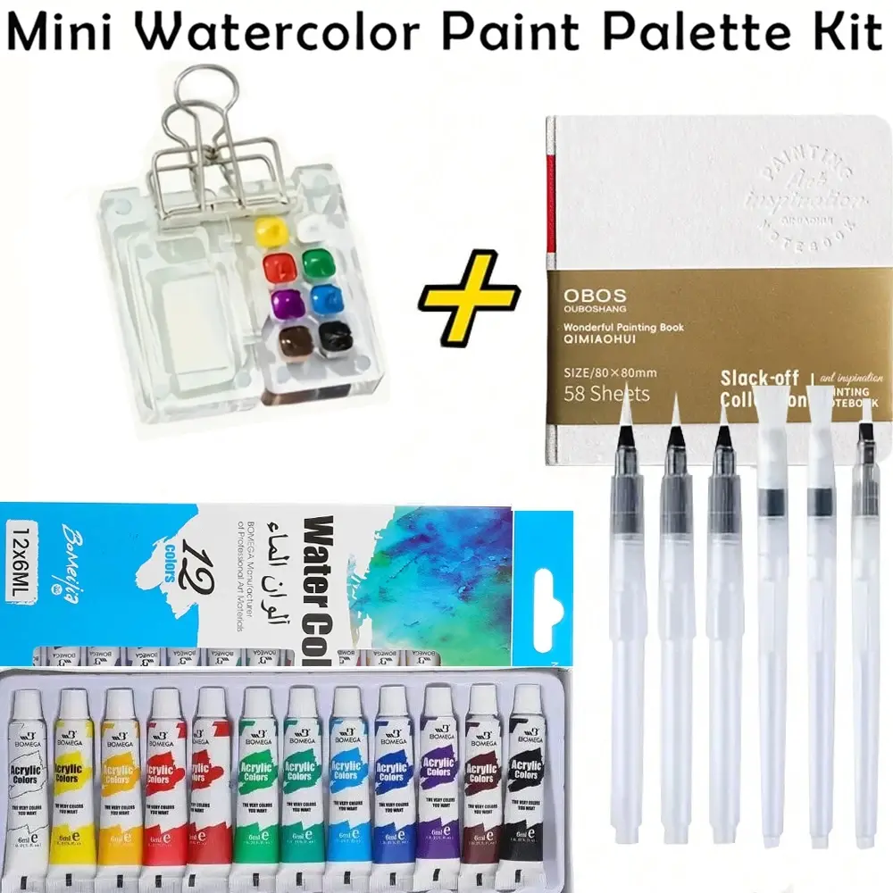 Mini Clear Acrylic Watercolor Paint Set Watercolor Painting Supplies - 8/15-Well Palette with 12 Colors, 6 Brushes, Clips & Watercolor Paper Notebook | Ideal for Painters, Artists & Students