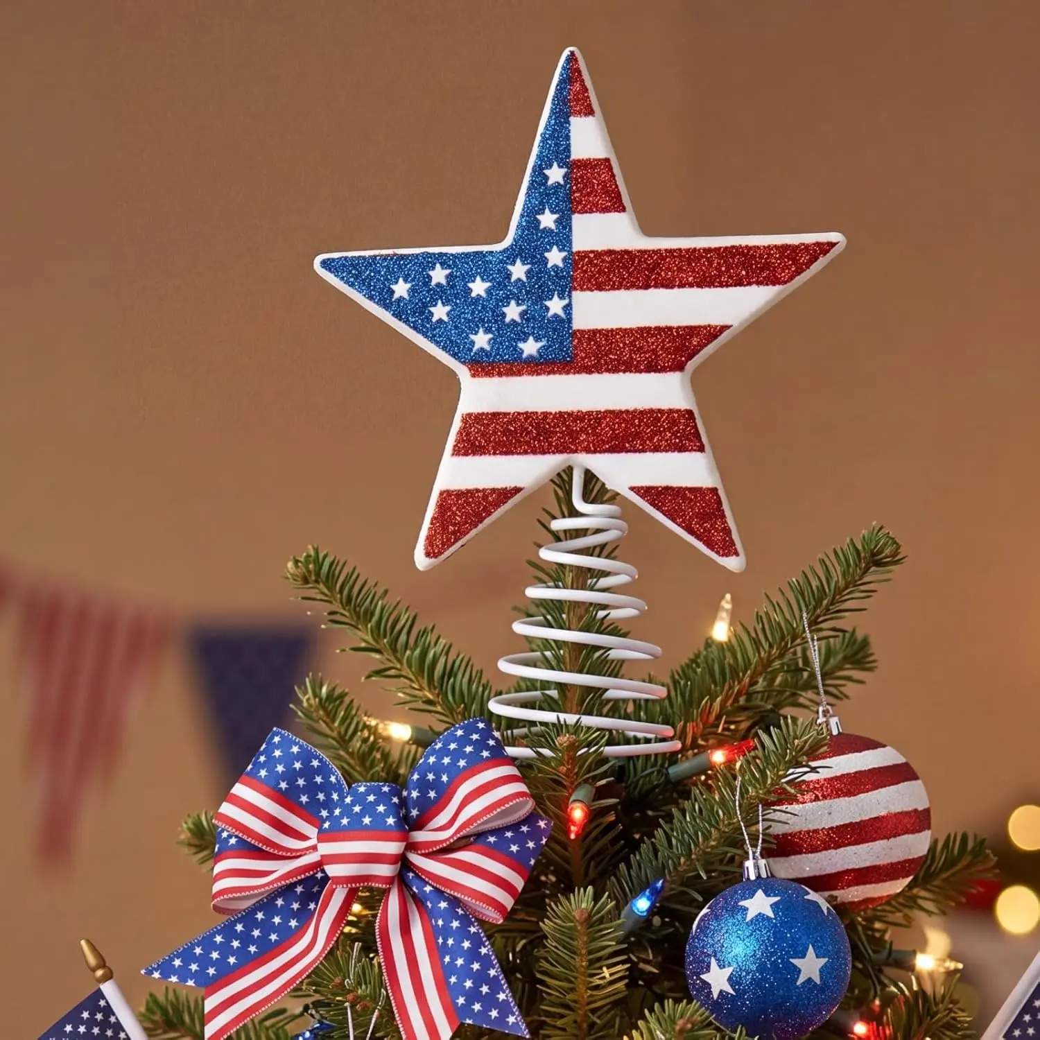 Gejoy 6 Inch 4th of July Tree Topper 250th Anniversary Glitter Star Tree Topper Patriotic American Flag Red White Blue Trees Decor for Indoor Outdoor Home Office Independence Day Memorial Day Decor