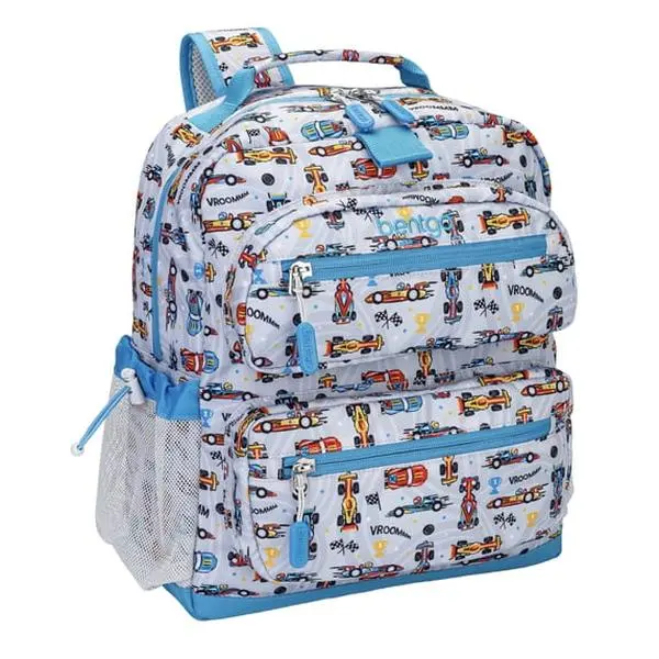 Bentgo Kids Print Backpack - Lightweight 14” Backpack for School, Travel & Daycare, Ideal for Ages 4+, Durable & Water-Resistant, Roomy Interior, & Loop for Lunch Bag (Race Cars)