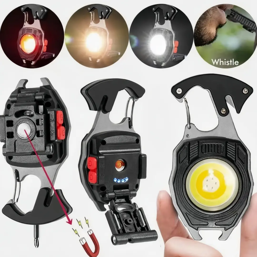 COB Keychain Light - High Lumen Brightness 1600Lumen Rechargeable Emergency Worklight, 7-Light Modes USB Rechargeable Aluminum Body with Folding Bracket, Bottle Opener, Magnet Base for Camping/Outdoor, Home Improvement