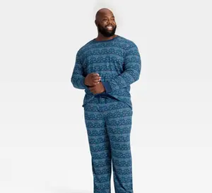 Men's Hanukkah Ribbed Long Sleeve Shirt and Pants Holiday Matching Family Pajama Set -  Blue