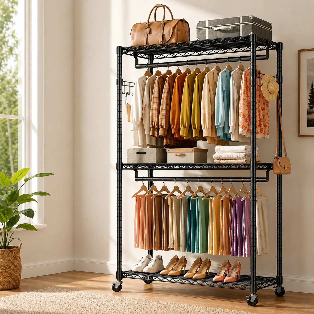 Sweetcrispy S-3 Tier Heavy Duty Rolling Garment Rack - Lockable Rollers, 360° Swivel, Freestanding Floor Stand, Organiser for Clothes Dresser Storage & Durable Storage, Furniture Storage
