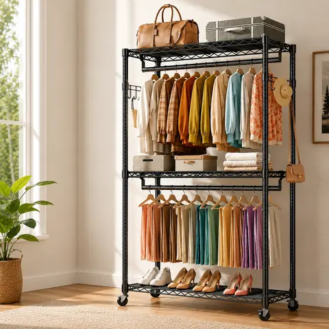 Sweetcrispy S-3 Tier Heavy Duty Rolling Garment Rack - Lockable 360° Swivel Casters, Adjustable Freestanding Floor Stand, Multifunctional Organiser with Clothes Dresser Storage, Durable Furniture Storage for Home Goods Organization