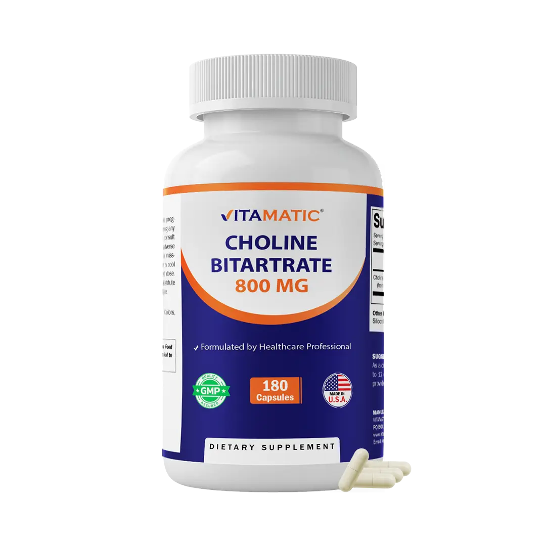 Vitamatic Edible Choline Bitartrate Dietary Supplements - 800 mg, 180 Vegetable Capsules, Non-GMO, Gluten-Free, Dairy-Free, Made in USA