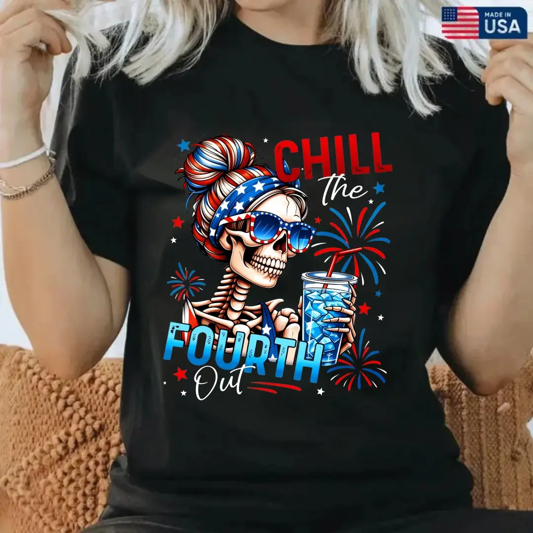 Men's 2026 Spring & Summer Streetwear Short-Sleeve Ribbed Crewneck T-Shirt - "Chill The 4th Out" Patriotic Skeleton, 4th of July Festive, 100% Breathable Soft Cotton Unisex Tops, Loose Tapered Round Neck, Basic Black/Blue, S-5XL